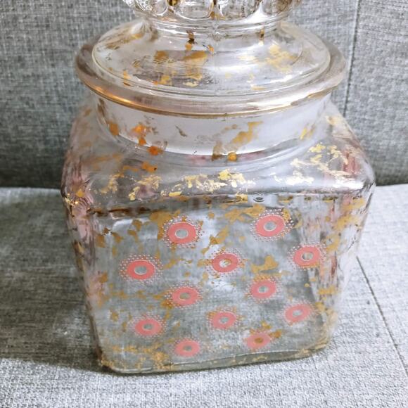Vtg Pink & Gold MCM Lidded Glass Jar Midcentury Mod (su1) - Picture 2 of 8